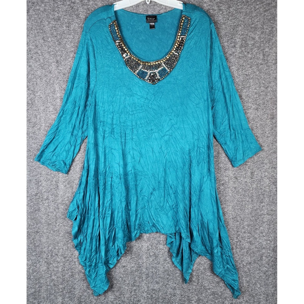 Lavanya Woman Tunic Top Womens 2X Teal Beaded Studded Crinkle Handkerchief Hem